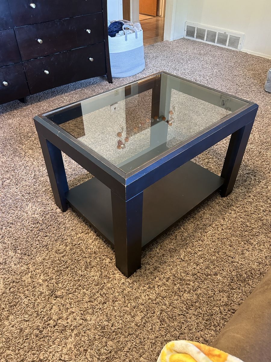 Black Wooden Coffee Table with Glass Top and Lower Shelf