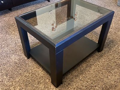 Black Wooden Coffee Table with Glass Top and Lower Shelf