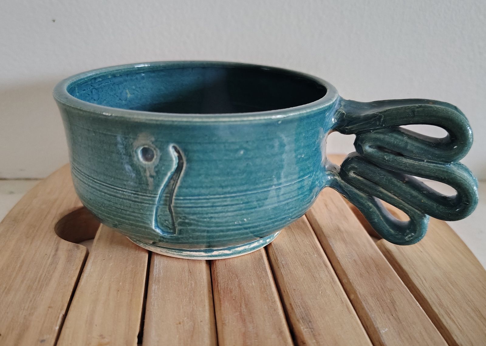 Blue Green Ceramic Mug with Decorative Handle