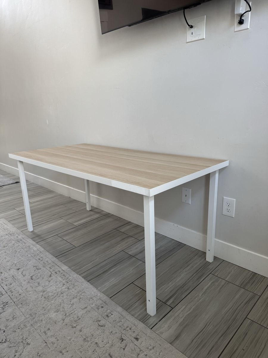 IKEA White Metal Frame Desk with Light Wood Grain Top