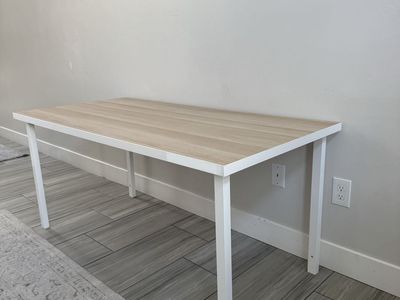 IKEA White Metal Frame Desk with Light Wood Grain Top