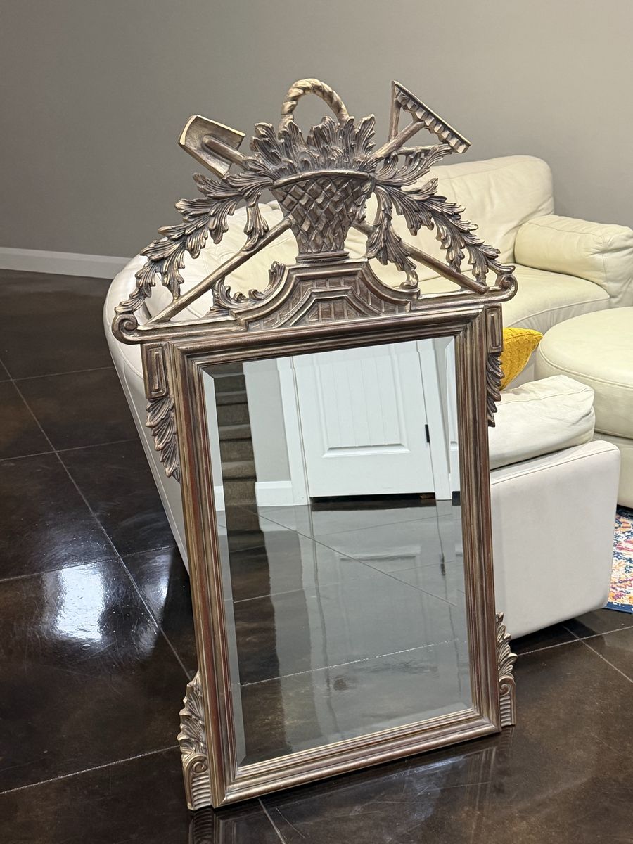 Vintage French Provincial Gold Ornate Carved Wood Garden Tool Motif Wall Mirror