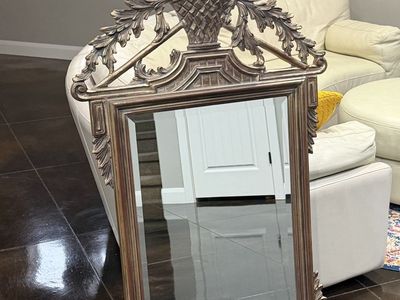 Vintage French Provincial Gold Ornate Carved Wood Garden Tool Motif Wall Mirror