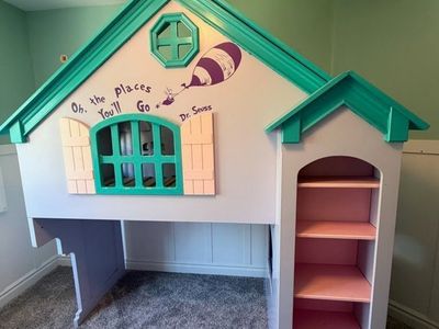 Dollhouse Loft Twin Bed Frame with shelves- can be twin over full