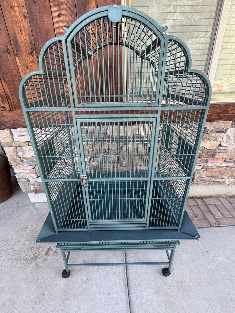 Large Dark Green Wrought Iron Victorian Bird Cage w/ Rolling Stand & Play Top