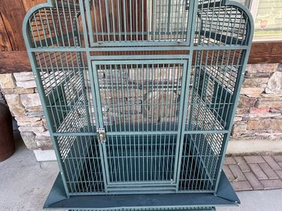 Large Dark Green Wrought Iron Victorian Bird Cage w/ Rolling Stand & Play Top