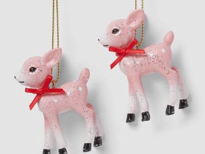 Polyresin 2 Pink reindeer Christmas Ornaments