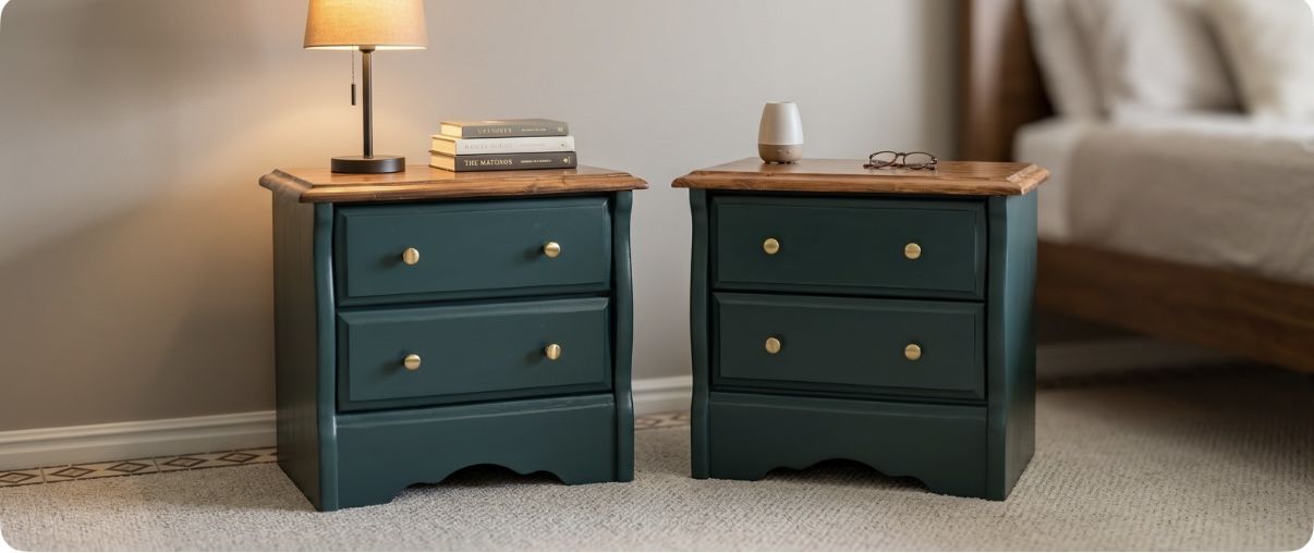 2 Vintage Solid Wood Nightstands Dark Green End Tables Bedside Chests w/ 2 Drawers