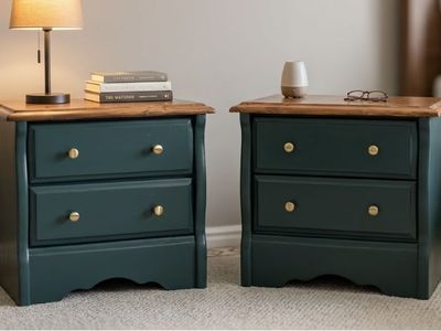 2 Vintage Solid Wood Nightstands Dark Green End Tables Bedside Chests w/ 2 Drawers