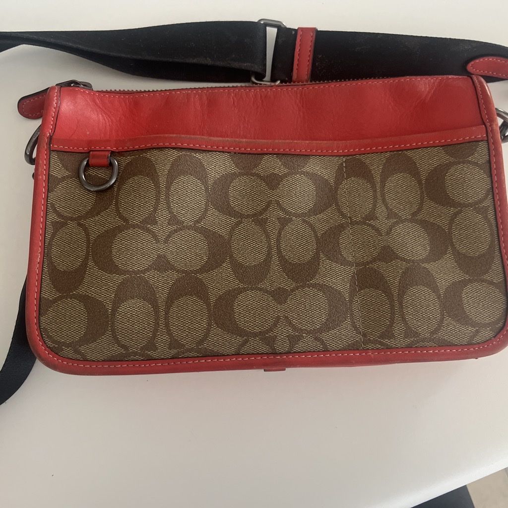 Coach Signature C Canvas & Red Leather Crossbody Bag - Brown/Red Shoulder Purse