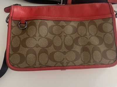 Coach Signature C Canvas & Red Leather Crossbody Bag - Brown/Red Shoulder Purse
