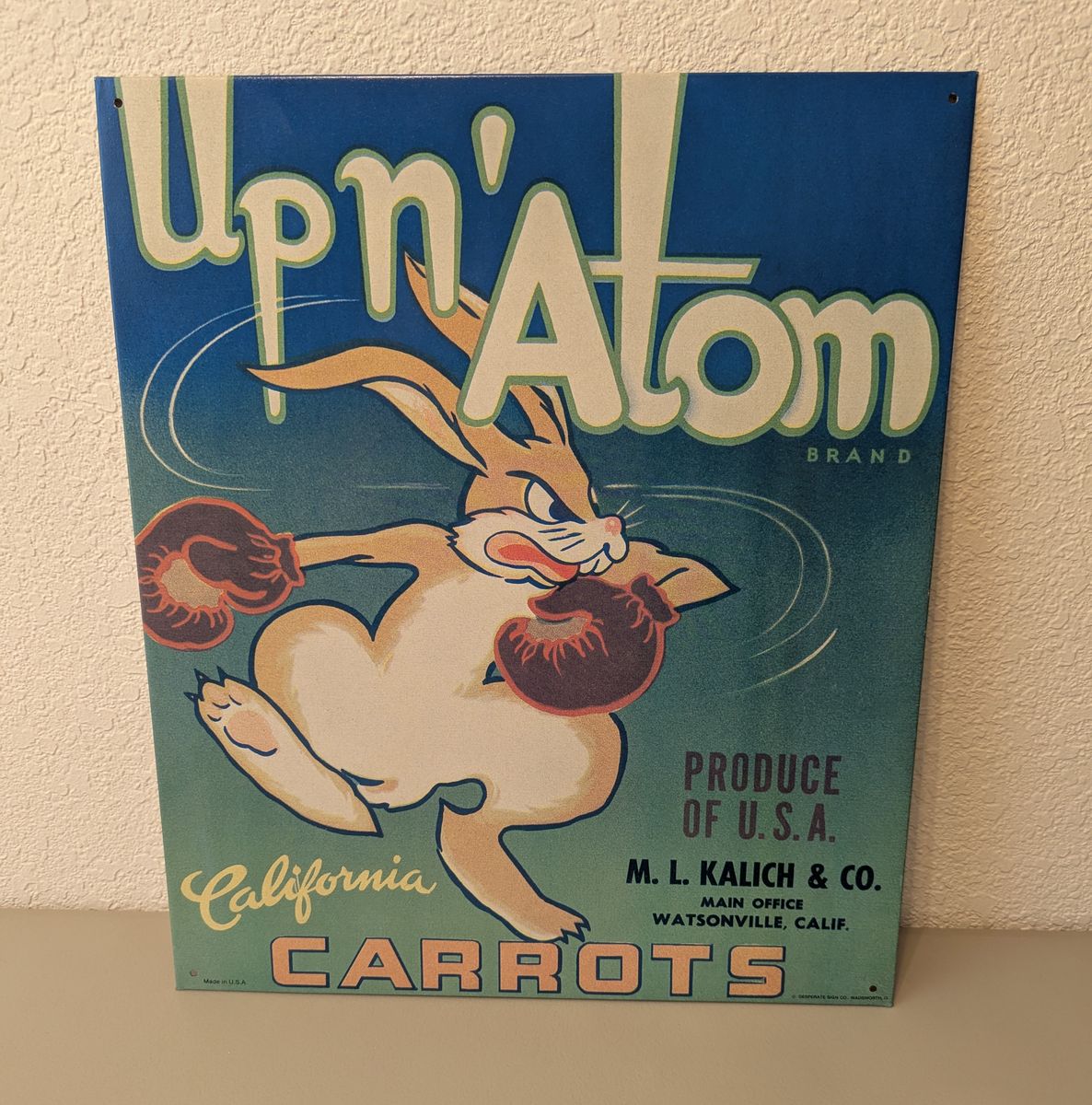 vintage up n' atom brand california carrots vegetable crate label from the 1950s