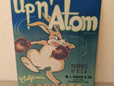 vintage up n' atom brand california carrots vegetable crate label from the 1950s