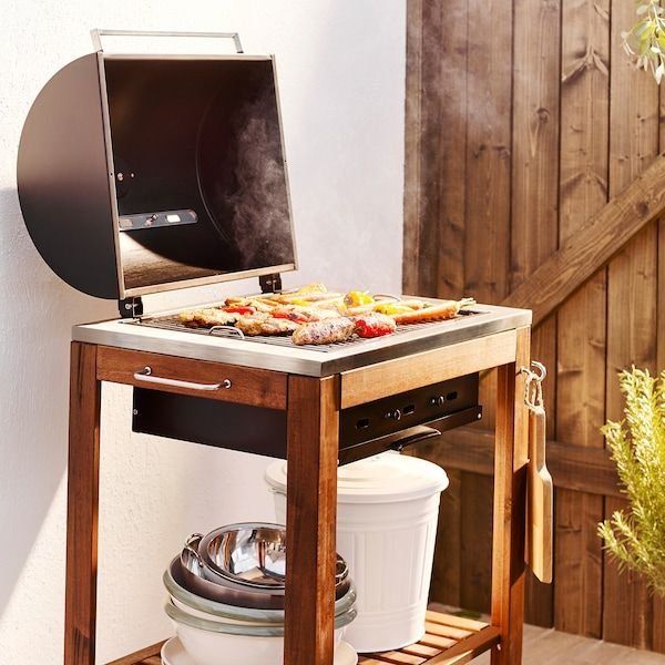 IKEA KORPÖN Charcoal Grill with Wooden Stand, Steel/Acacia Wood, 33 7/8" L