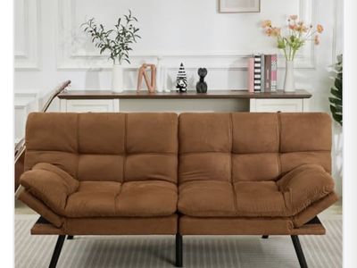 Convertible Futon Sofa Bed, Adjustable Armrests, 71.5" Brown Upholstered Modern Design