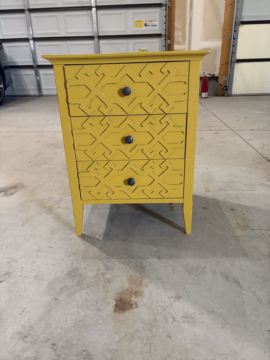 Yellow 3-Drawer Nightstand / End Table with Lattice Pattern Accent