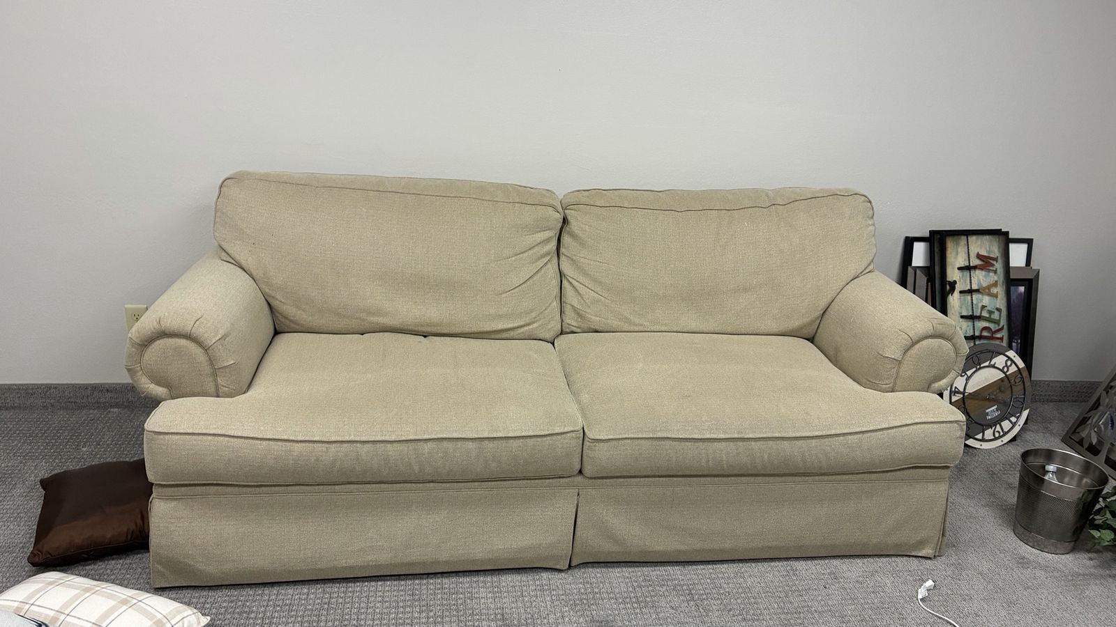 Free: Tan Fabric Skirted Sofa Couch with Rolled Arms