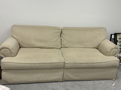 Free: Tan Fabric Skirted Sofa Couch with Rolled Arms