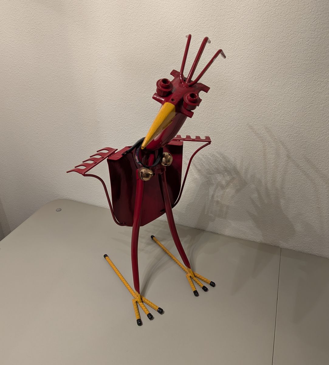 handcrafted red metal rooster yard art sculpture