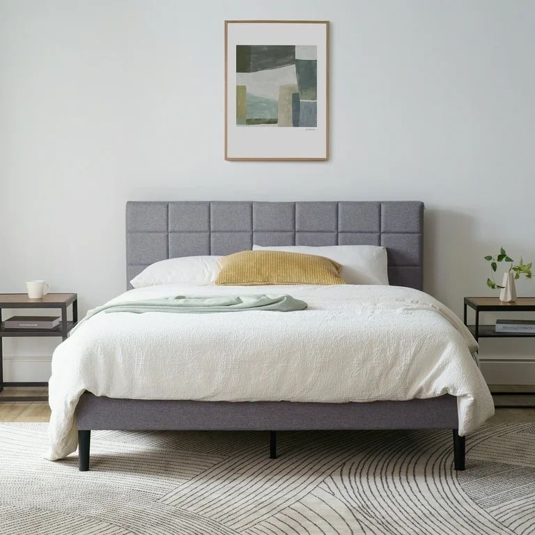 Gray Upholstered Square Bed Frame Queen Size