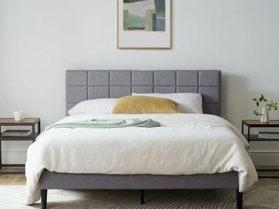 Gray Upholstered Square Bed Frame Queen Size