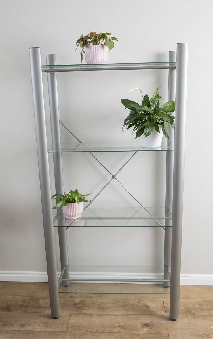 Modern 4-shelf glass & metal tall shelves unit
