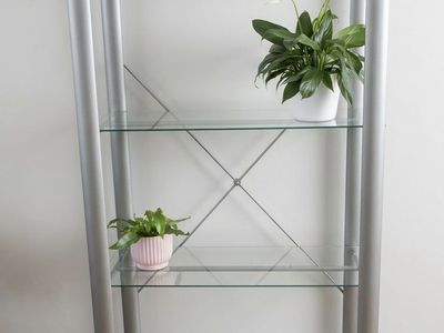 Modern 4-shelf glass & metal tall shelves unit