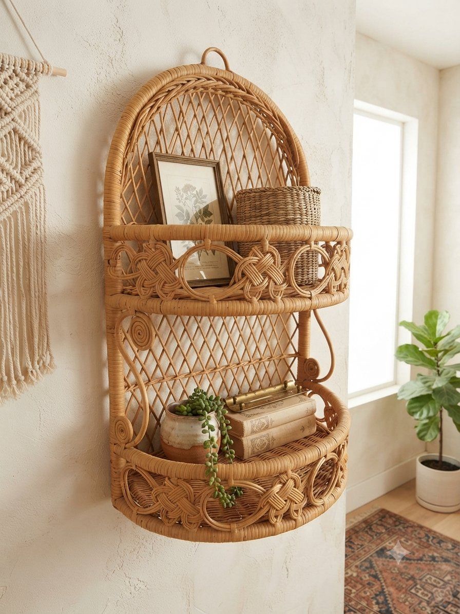 Boho Chic Vintage Wicker / Rattan Hanginf Shelf