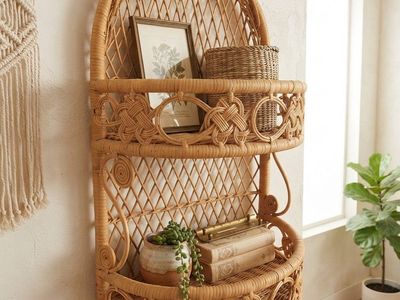 Boho Chic Vintage Wicker / Rattan Hanginf Shelf