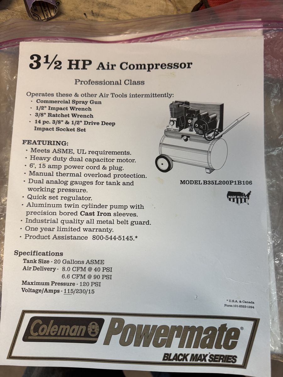 Coleman 3.5HP Powermate Black Max Series 20 Gallon Air Compressor