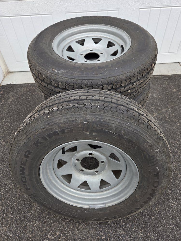 4 Power King Trailer Tires 175/80R13 with Steel Wheels and Lug Nuts - Good Tread