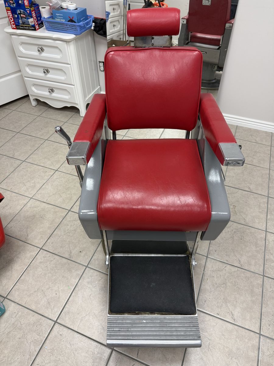 Vintage Barber Chair - Red Vinyl with Hydraulic Lift, Adjustable Headrest & Footrest