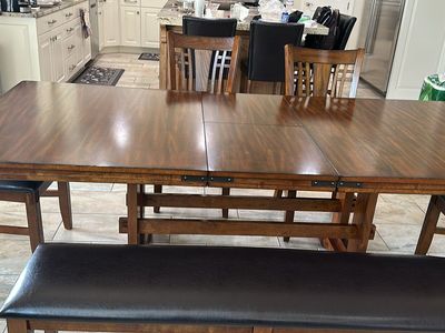 Expandable Wooden Dining Table with Built-In Leaf - Rich Brown Finish