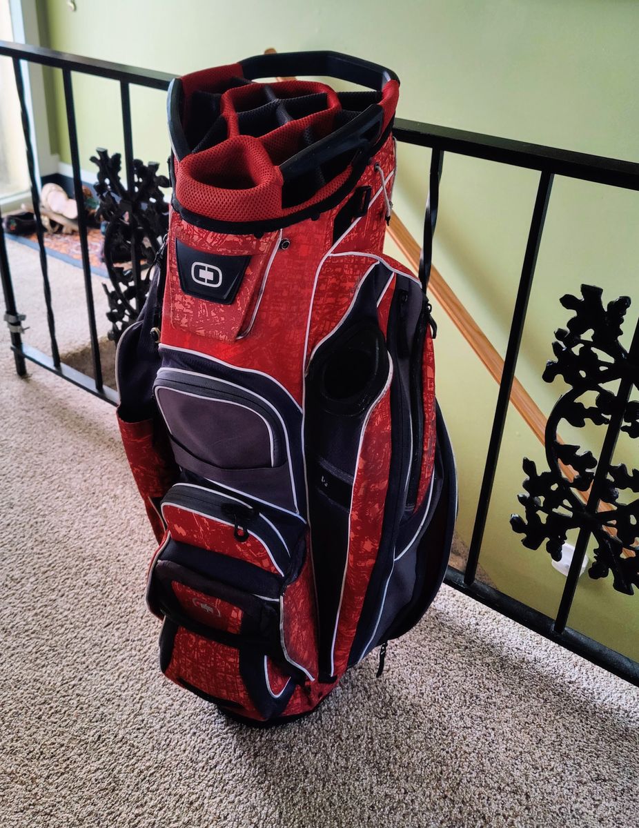 OGIO 14-Way Cart Golf Bag - Red/Grey Technical Graphics - Zipperless Ball Pocket