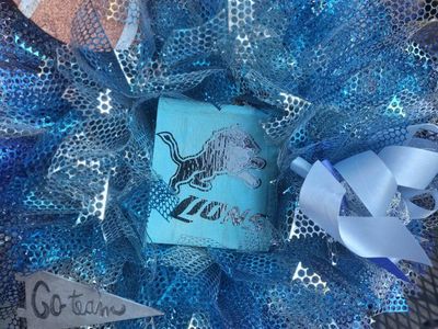 Handmade Blue & Silver Mesh Wreath - "Go Lions" Football Theme Decor