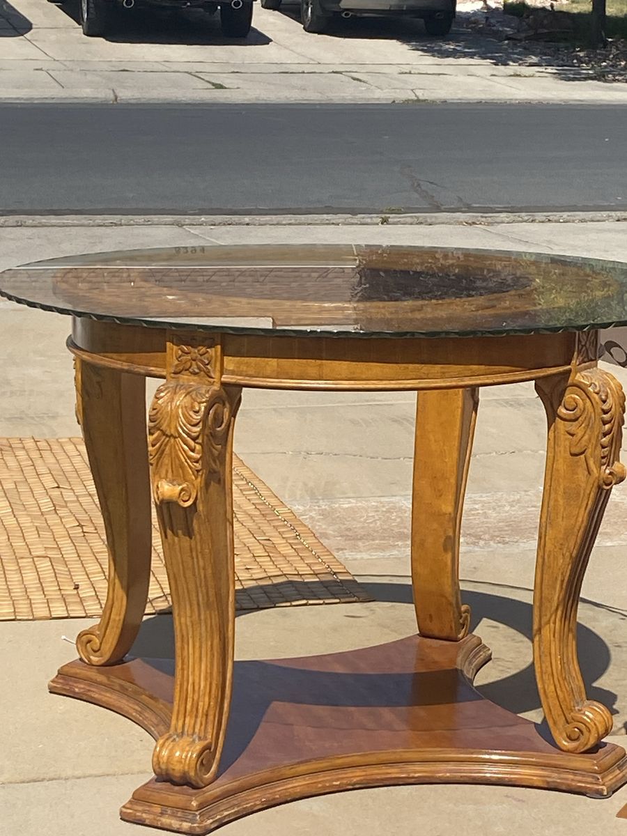 Round Wood Foyer/Dining Table with Glass Top & Ornate Carved Legs
