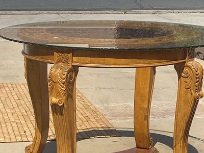 Round Wood Foyer/Dining Table with Glass Top & Ornate Carved Legs