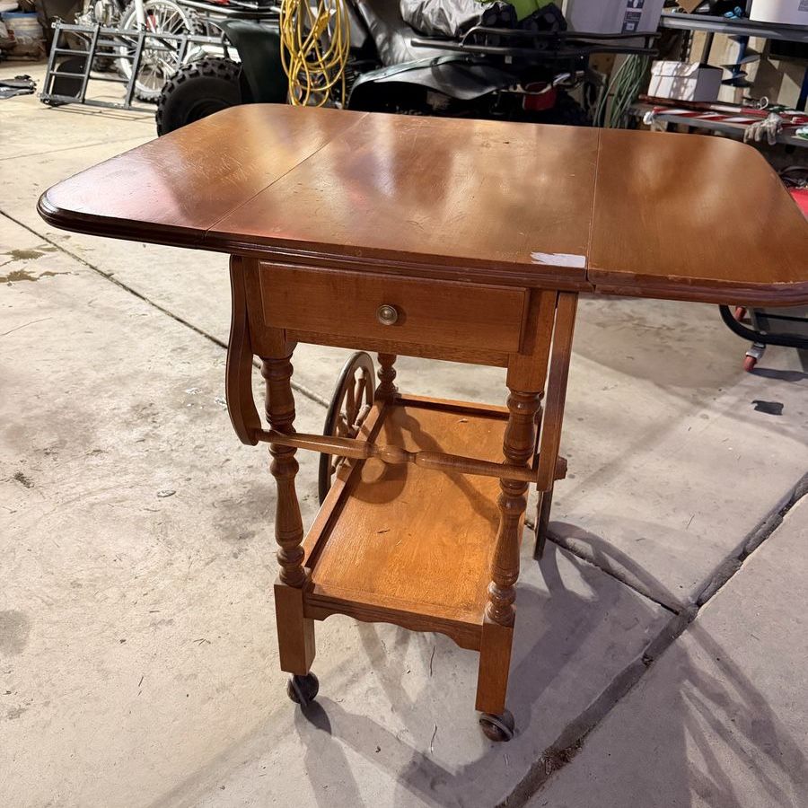 Vintage Solid Wood Drop Leaf Tea Cart / Serving Cart
