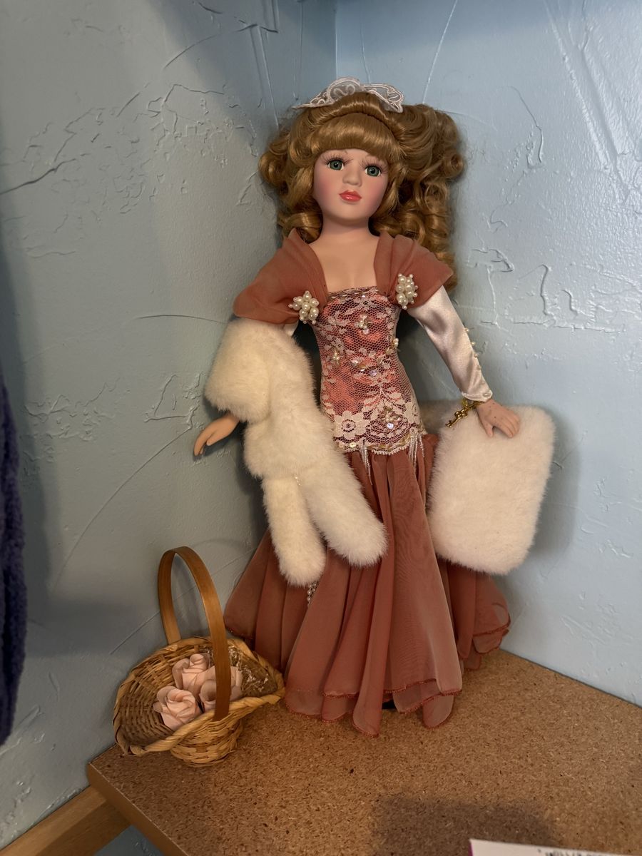 Vintage Porcelain Doll in Pink Lace Gown with Faux Fur Stole & Muff - Collectible Display Doll