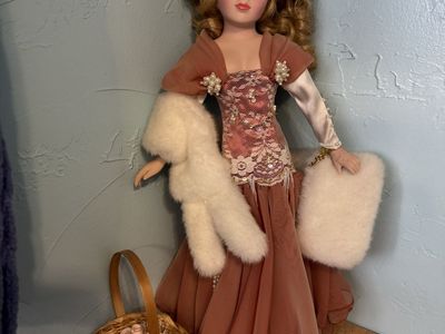 Vintage Porcelain Doll in Pink Lace Gown with Faux Fur Stole & Muff - Collectible Display Doll