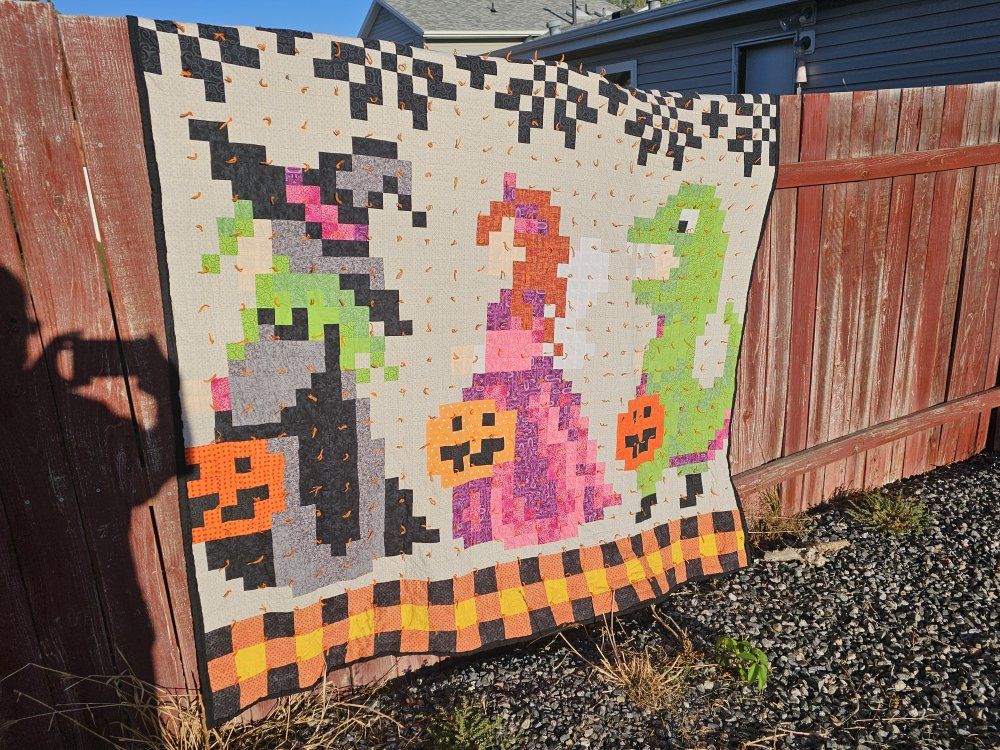 Handmade Halloween Quilt Pixel Art Witch Ghost Monster. king sized.