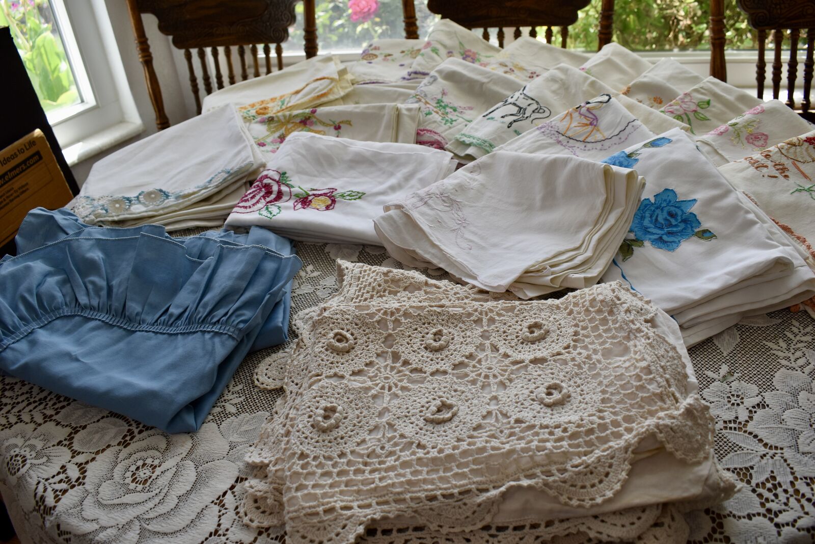 Several Very Pretty Vintage Sets Of Embroidery / Crochet Standard Size Pillow Cases, Shams For Use With Assorted Crafts Or As Is