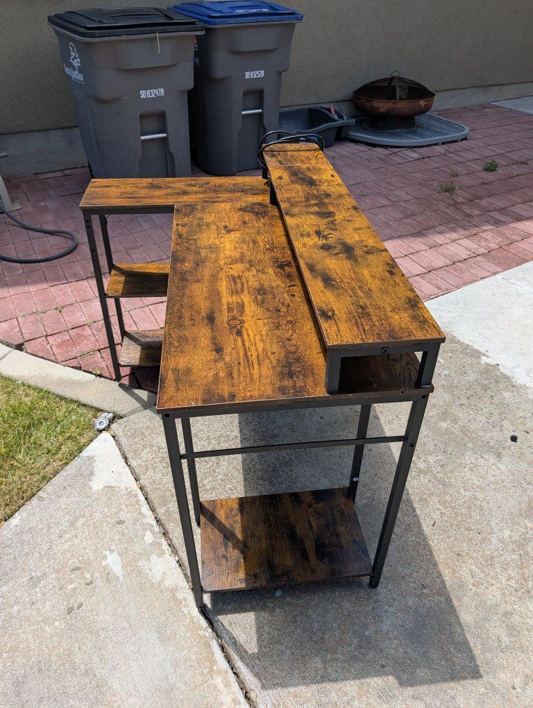 L-Shaped Computer Desk with Monitor Stand and Storage Shelves - Rustic Brown