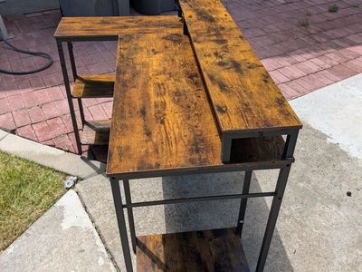 L-Shaped Computer Desk with Monitor Stand and Storage Shelves - Rustic Brown