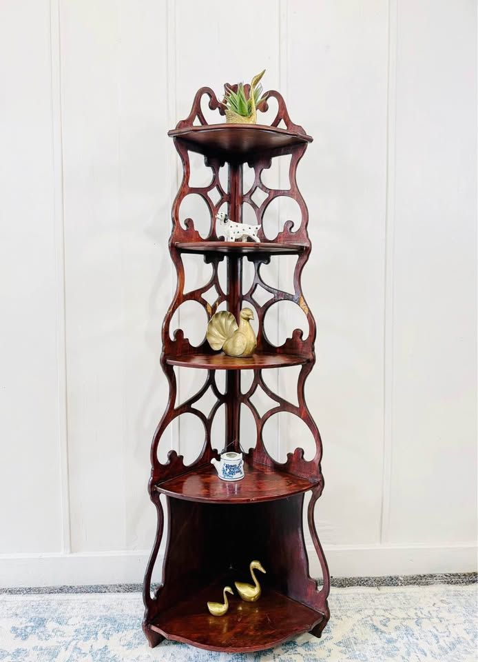 Vintage Gothic Style Ornate Wood 5 Tier Shelf | Vintage 5 Tier Shelving Unit Bookcase Shelf