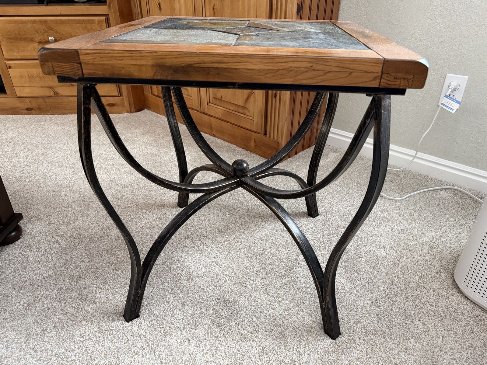 2 Rustic Wood & Slate Tile End Tables  with Wrought Iron