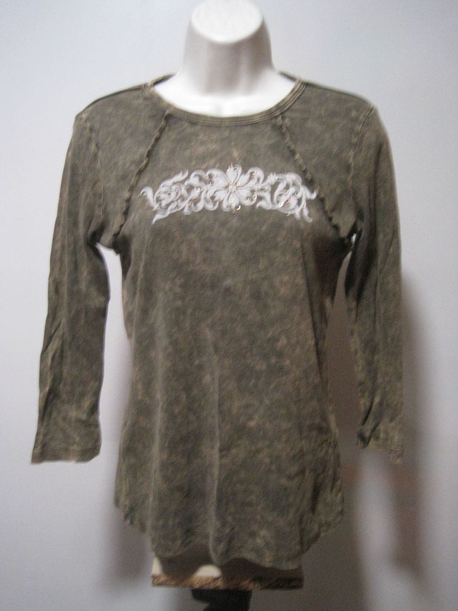 One World Vintage Y2K Embellished Distressed Long Sleeve Shirt Large Brown Women
