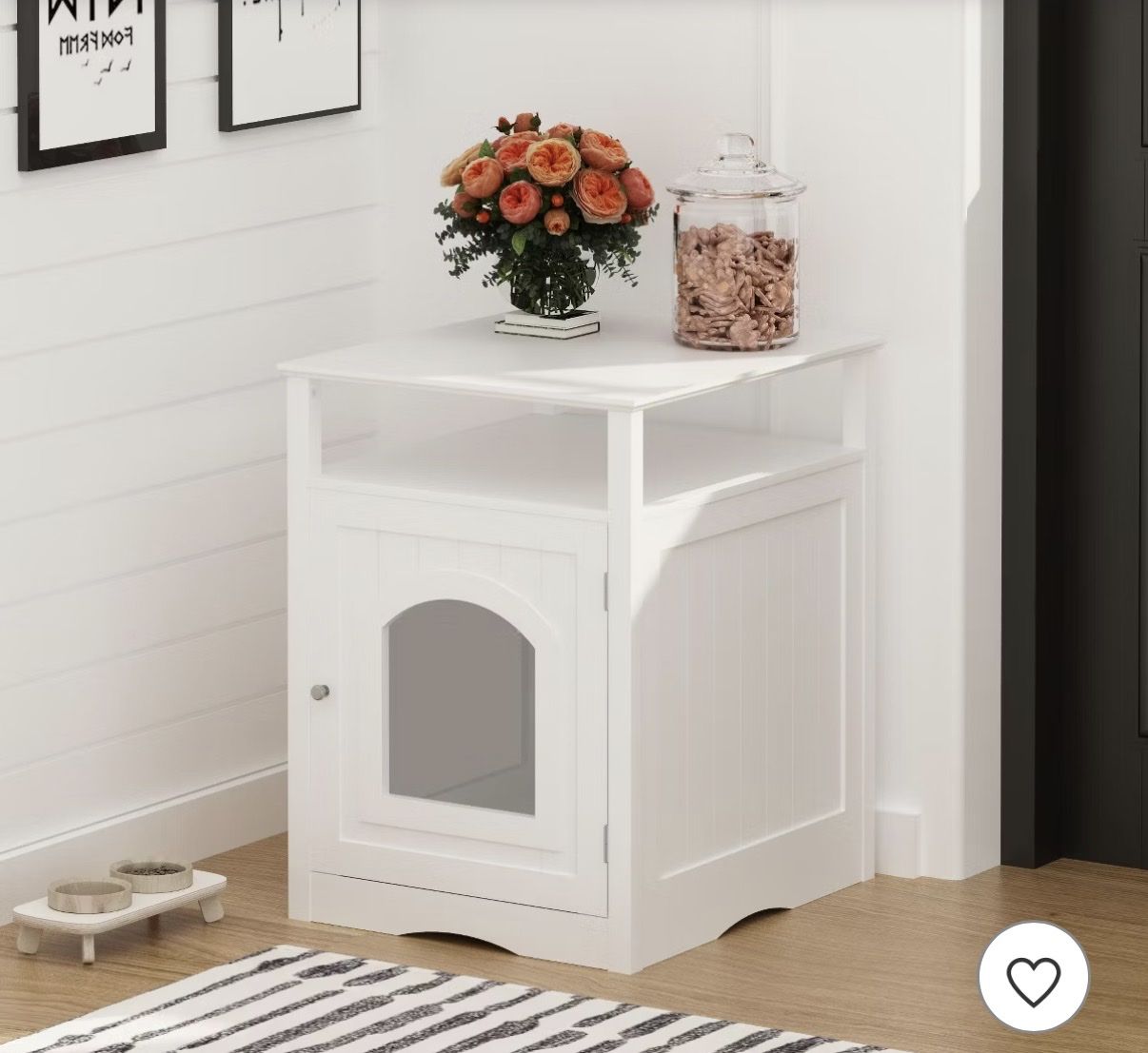 White Wooden Cat Litter Box Enclosure End Table with Storage Shelf