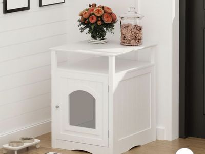 White Wooden Cat Litter Box Enclosure End Table with Storage Shelf