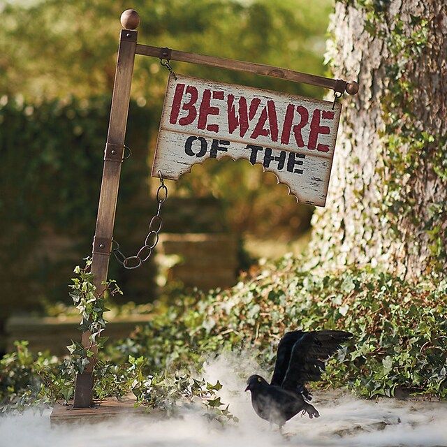 Halloween BEWARE OF THE Lightpost Signpost Sign Up Sound Gravestone Cemetery Statue Figurine Yard Home Decor Decoration Prop